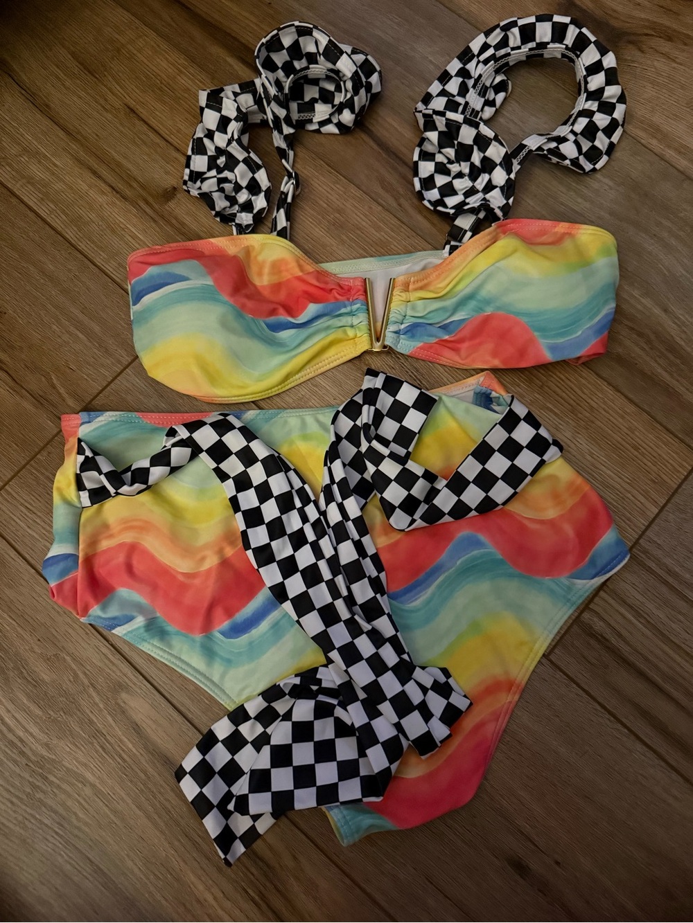 Colorful Wave Print Bikini with Checkerboard Straps